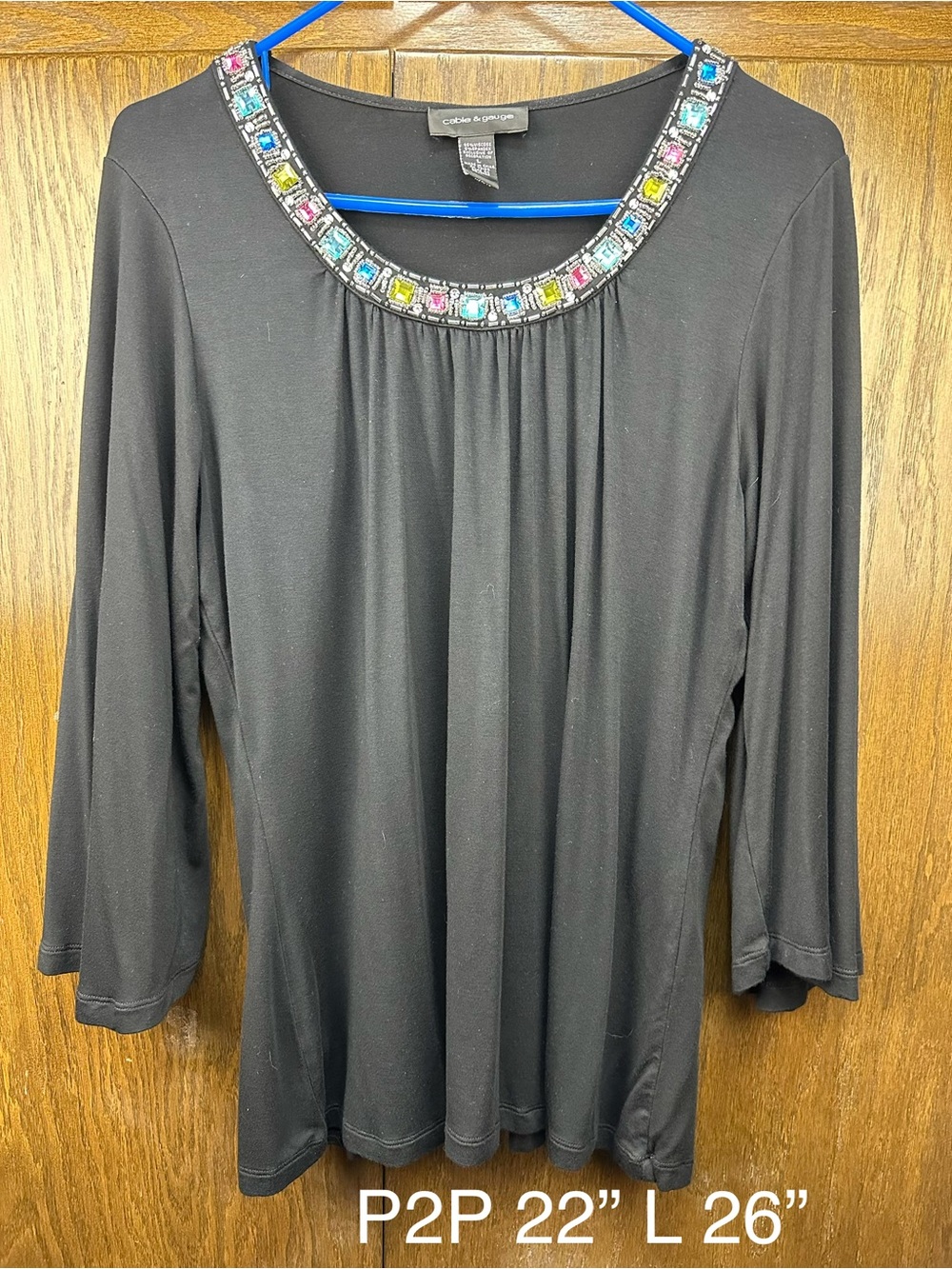 Cable & Gauge Black Embellished Neck 3/4 Sleeve Women's Top